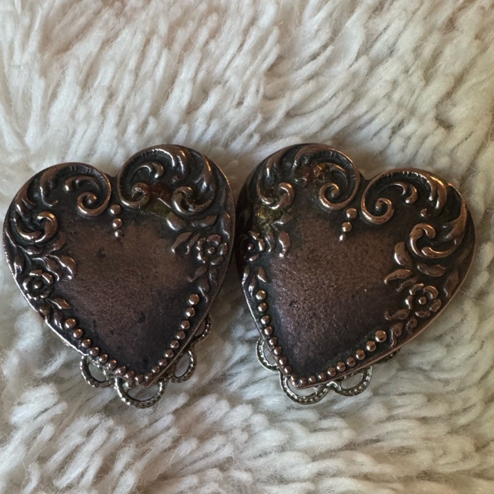 Vintage Handmade Heart-Shaped Bronze Clip On Earrings